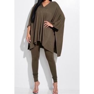 Forest Green V-Neck Poncho Swing Cape Top and Leggings Lounge Set